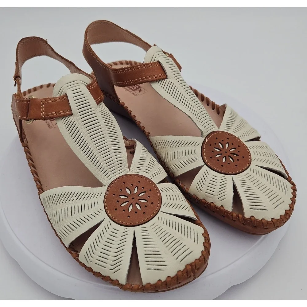 Pikolinos P. Vallarta Cream Brown Sandal Sz 9-9.5 Boho Mary Jane Cottagecore EUC